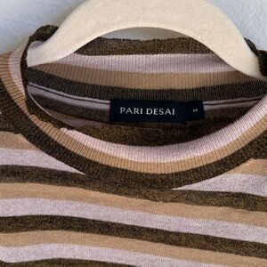 Pari Desai Metallic Raz Striped Long Sleeve Top, Brown and Cream, Medium